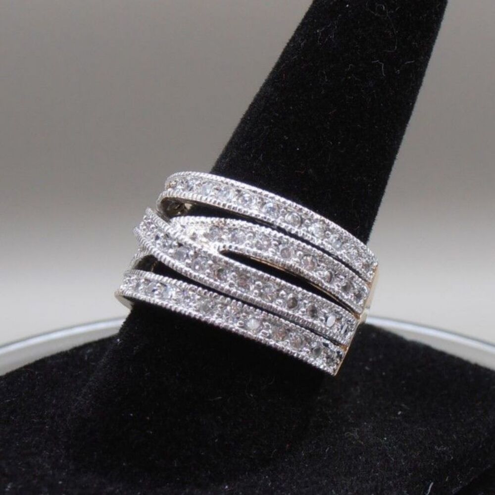 ROSS SIMONS Sterling Silver 925 White CZ Crossover Designer Cocktail Ring Sz 7.5